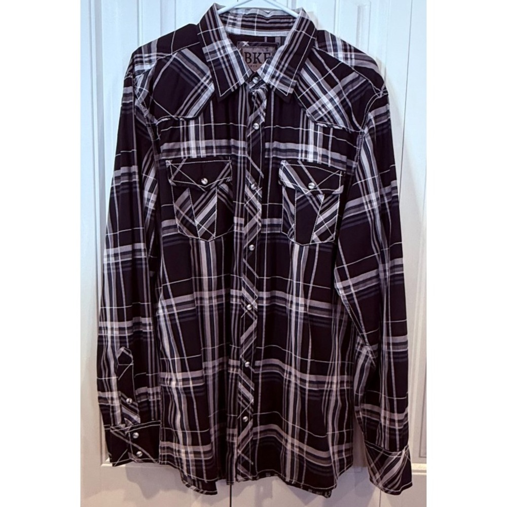 BKE Men Tailored Fit Mens XL Western Pearl Snap Plaid Long Sleeve Shirt Blue Red